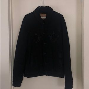 True Religion, Black Sherpa lined trucker jacket.